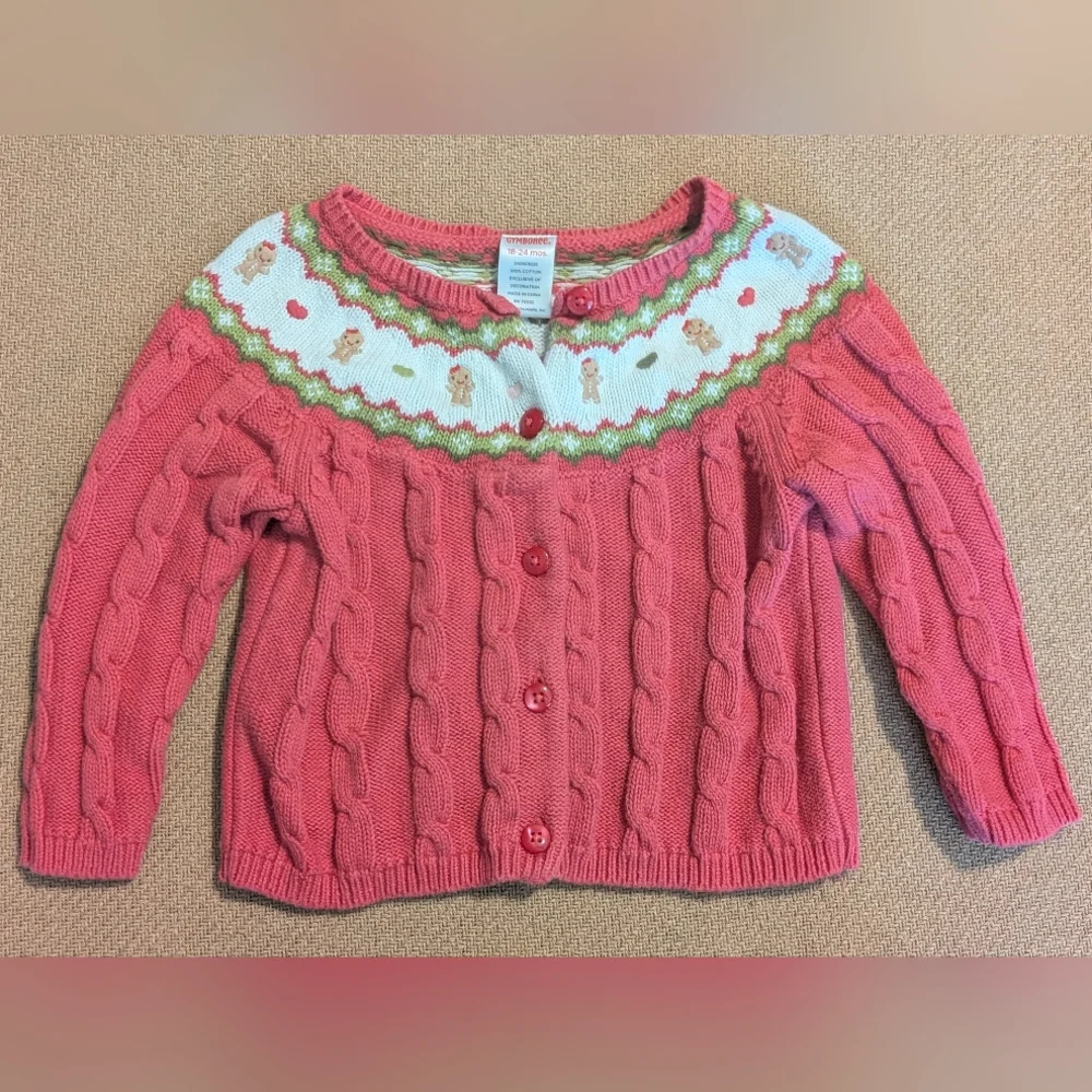 Gymboree Baby Girls Pink Cable Knit Gingerbread Holiday Cardigan Sweater
